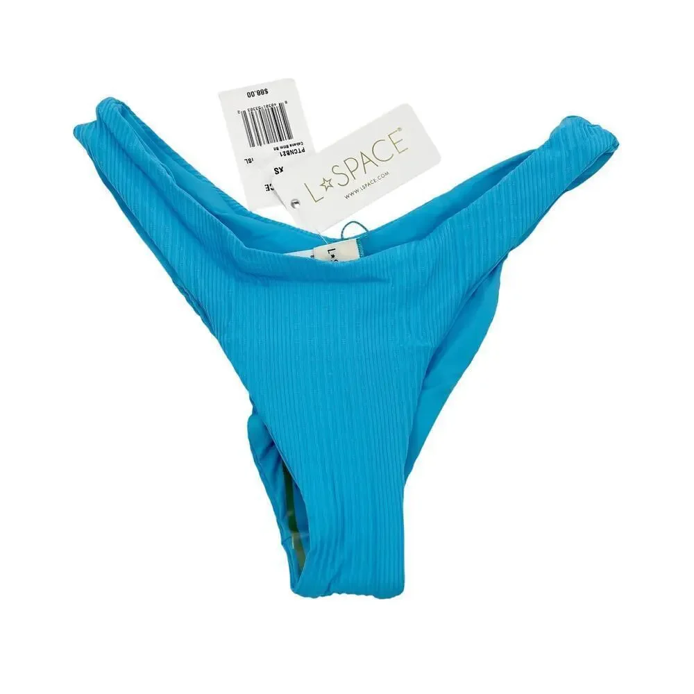 L*Space Cabana Bitsy Bikini Bottom Bright Blue Ribbed High Cut Cheeky NEW XS